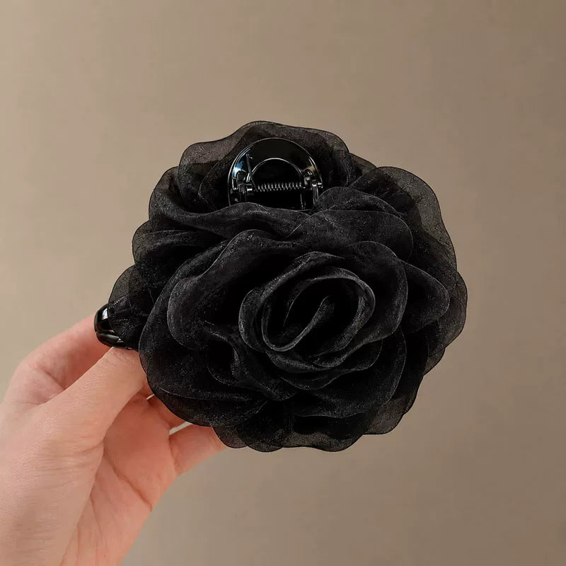 Coffee mesh claw clip for women, sophisticated rose feather hair clip, new style back hair updo, shark clip head floral style