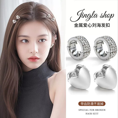 Silver heart-shaped metal hair clip for girls, princess hair mini clip, new style bangs side clip, hair accessory, children's braided hair buckle
