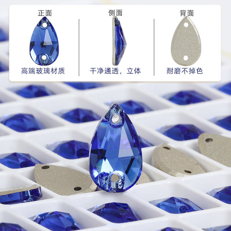 K9 Sew-On Teardrop Rhinestone - Double Hole Flat Bottom Perforated Hand Sew Stone for Wedding Dress Luggage Accessories