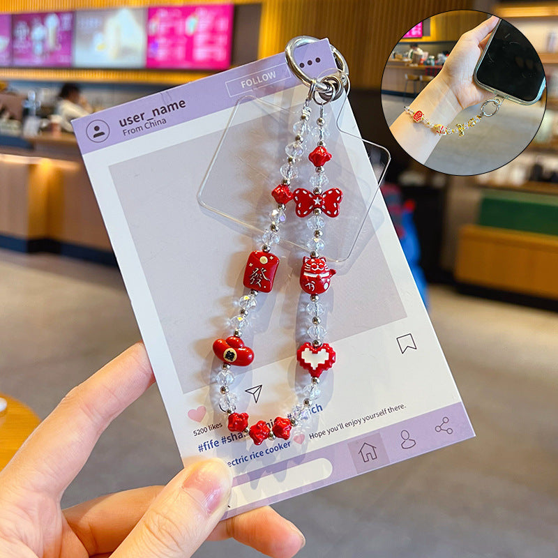 Handmade DIY New Year's Metal Beckoning Cat Beaded Mobile Phone Chain Pendant New Year Bag Keychain Charm Accessories