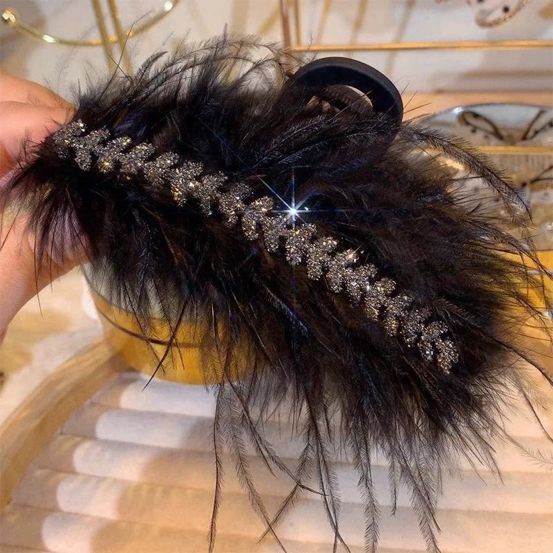 Rhinestone feather claw clip for women, high-end new small half-tie hair clip, small hair volume, back head updo hair clip, shark clip
