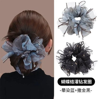 High-end rhinestone mesh bow hair tie for women, high hair volume, elastic sequins for accents, small pendants, hair tie hair accessories
