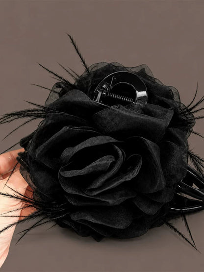 Coffee mesh claw clip for women, sophisticated rose feather hair clip, new style back hair updo, shark clip head floral style
