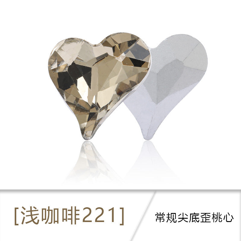 Crooked Peach Heart crystal pointed diamond base real silver plated base nail art rhinestone patch, shoe decorations, luggage, clothing accessories, crooked peach heart rhinestones