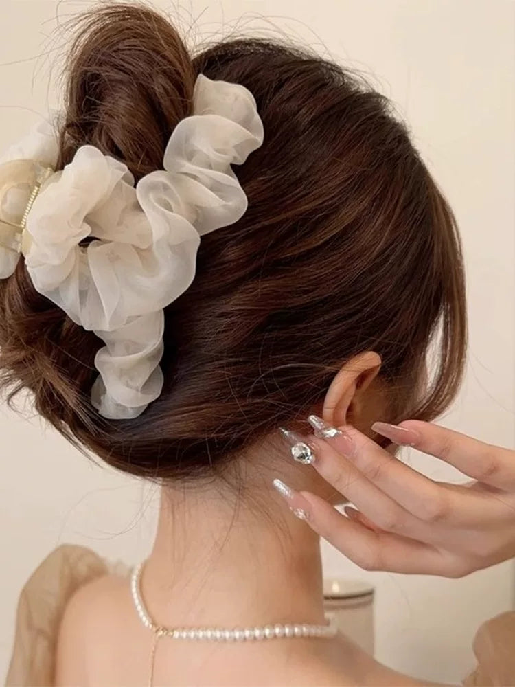 Korean Style Super Fairy Pleated Mesh Claw Clip for Women, 2026 New Large Shark Hair Clip at the Back of the Head, Updo Hair Clip