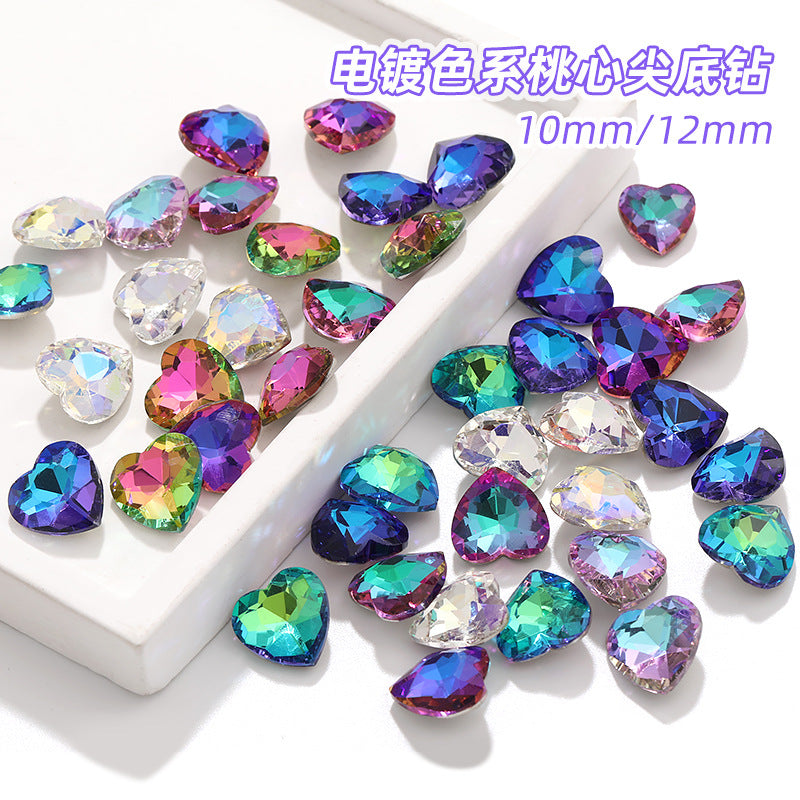 Love electroplating color peach heart pointed bottom diamond multi-color love crystal glass diamond wedding dress clothing shoe bag DIY accessories