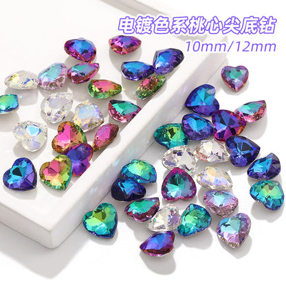 Love electroplating color peach heart pointed bottom diamond multi-color love crystal glass diamond wedding dress clothing shoe bag DIY accessories