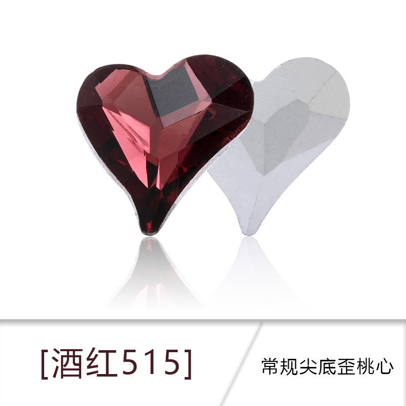 Crooked Peach Heart crystal pointed diamond base real silver plated base nail art rhinestone patch, shoe decorations, luggage, clothing accessories, crooked peach heart rhinestones