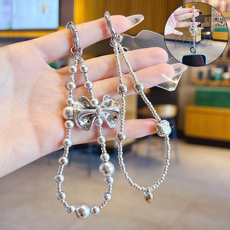 Original DIY silver bow beaded mobile phone chain pendant creative couple miu series bag keychain small pendant