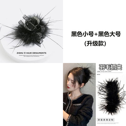 Black feather claw clip for women, high-end 2026 new style, large size ostrich feather shark clip, back of head updo hair clip