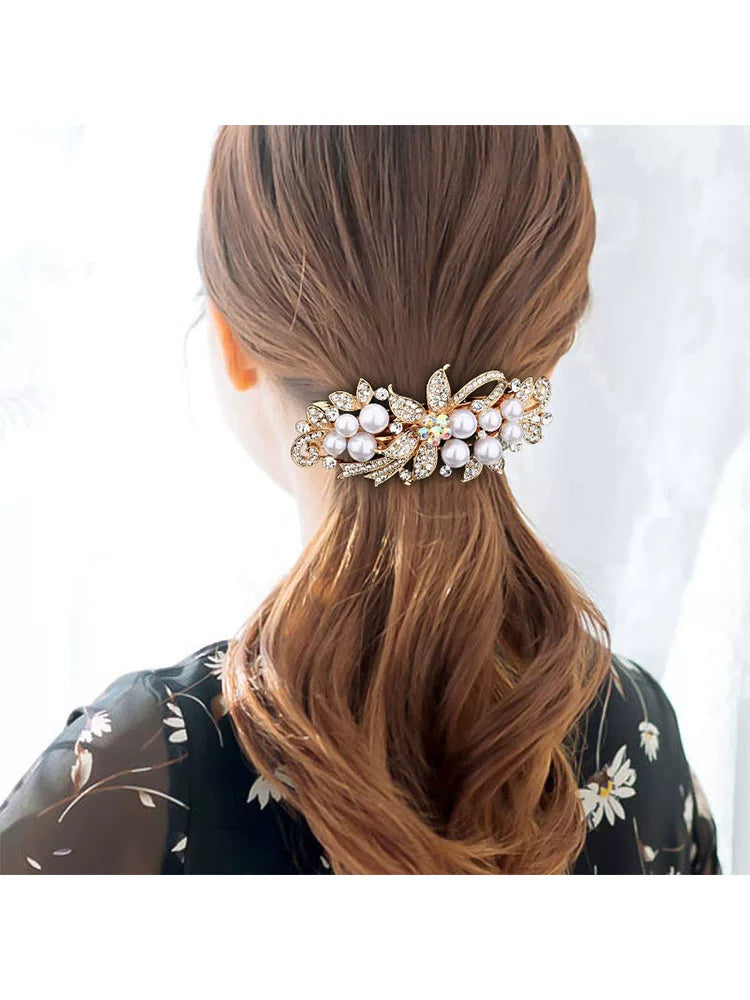 Elegant pearl rhinestone gold hair clip, new women's high-end flash rhinestone off-line spring clip, back hair updo
