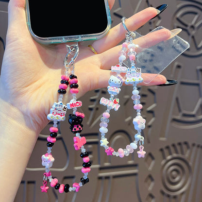 Handmade KT beaded alloy mobile phone chain pendant creative DIY Hello Kitty high-end sense bag keychain pendant