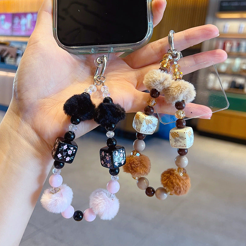 Handmade DIY Fur Ball Beaded Mobile Phone Chain Pendant Creative Car Bag Keychain Phone Case Accessories Charm