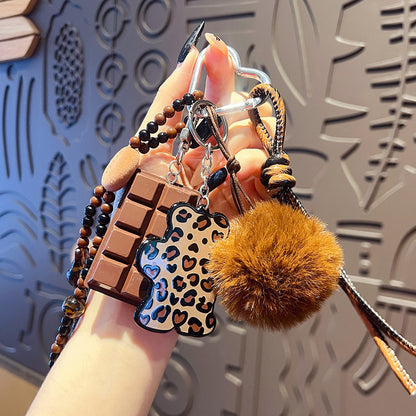 Handmade DIY Maillard leopard print bracelet keychain pendant plush beaded miu bag keychain small pendant