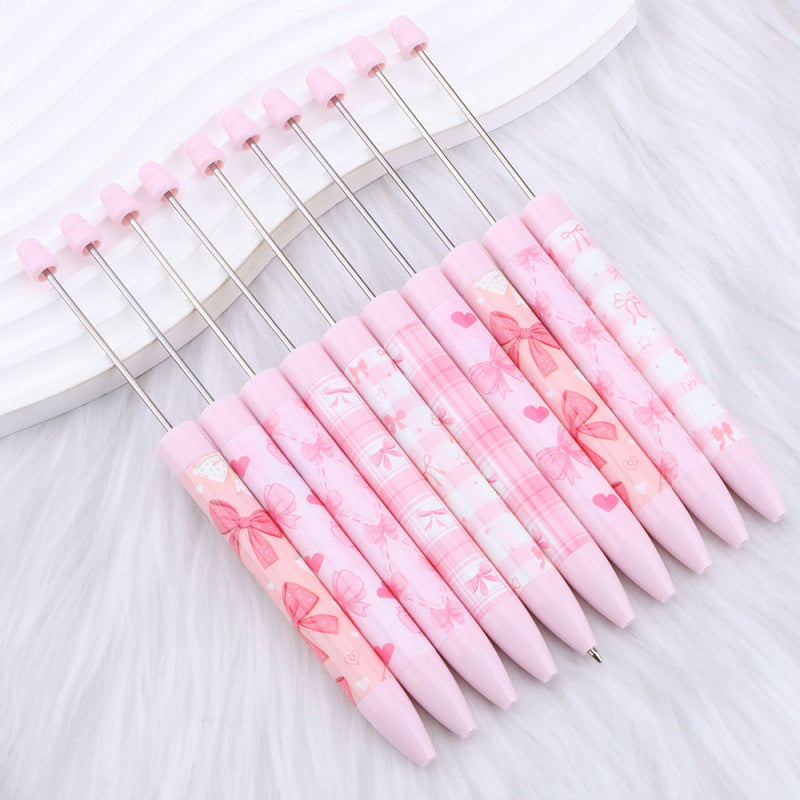 DIY bow pink long printed pattern ballball pen creative cute ballpoint pen plastic beaded ballpoint pen
