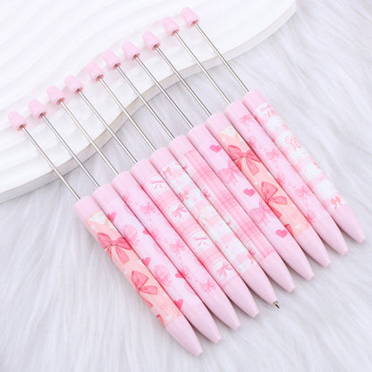 DIY bow pink long printed pattern ballball pen creative cute ballpoint pen plastic beaded ballpoint pen