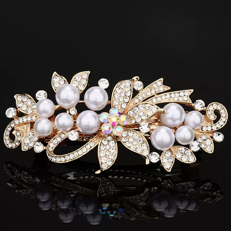 Elegant pearl rhinestone gold hair clip, new women's high-end flash rhinestone off-line spring clip, back hair updo