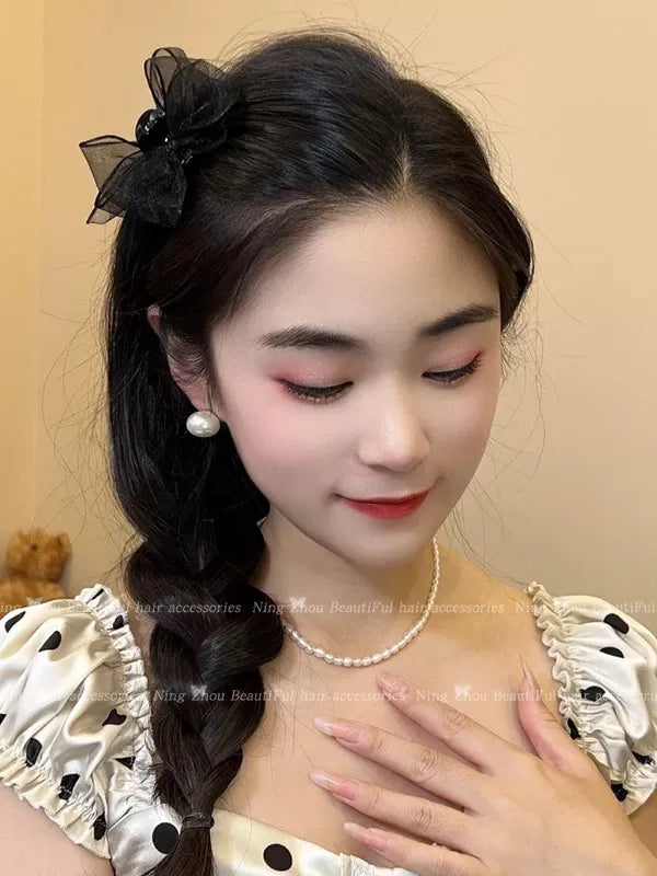 Mesh black bow hair chuck headdress, princess head small scratch clip broken hair, side bangs, clip, forehead hairpin woman