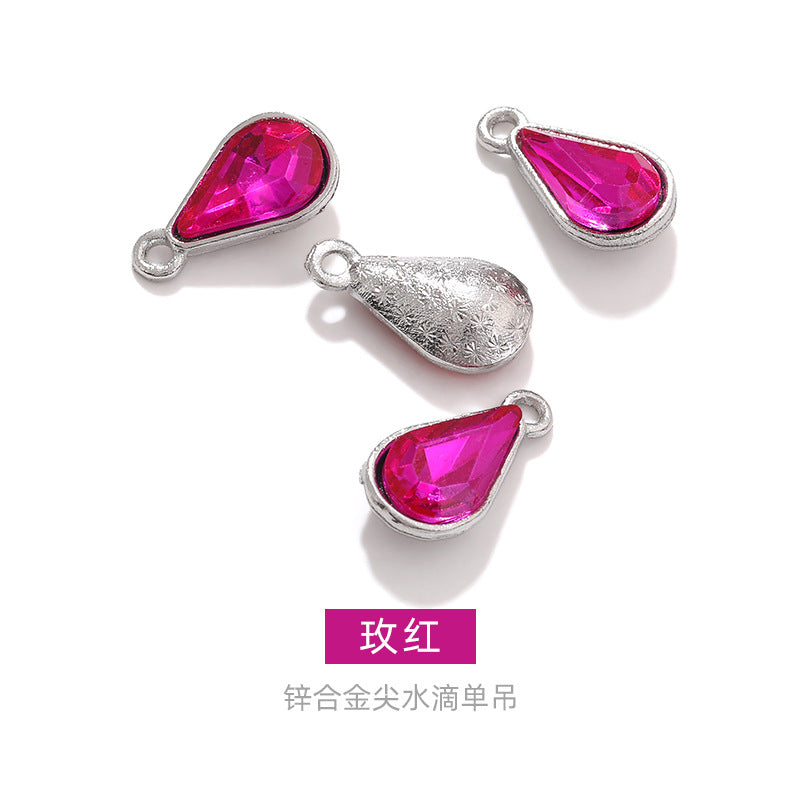 Zinc alloy pointed waterdrop pendant, crystal glass diamond DIY jewelry, earrings with diamond, single hanging glass waterdrop rhinestone