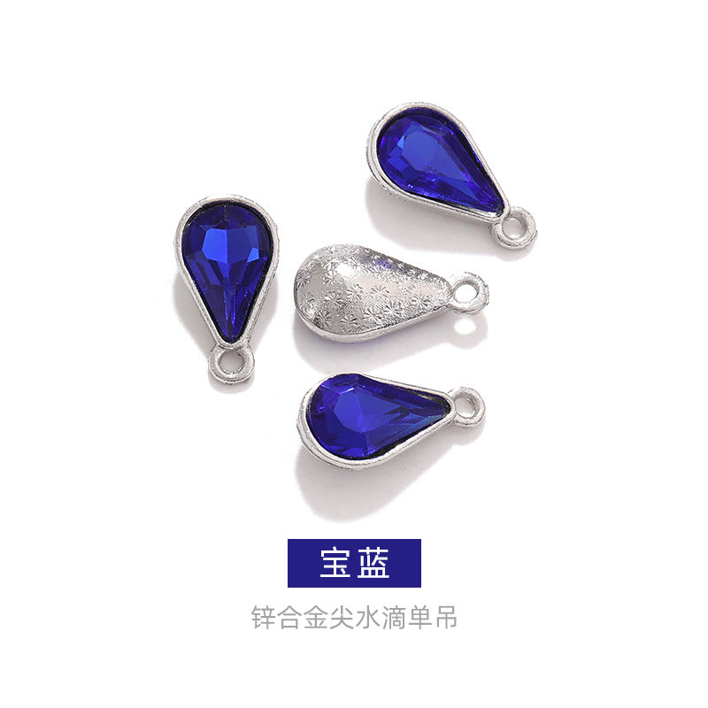 Zinc alloy pointed waterdrop pendant, crystal glass diamond DIY jewelry, earrings with diamond, single hanging glass waterdrop rhinestone