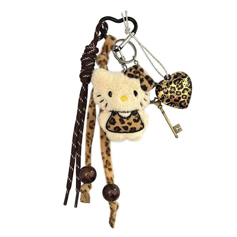 Creative cartoon plush leopard print love cat lanyard bag keychain pendant student school bag keychain pendant
