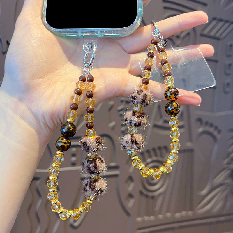 Creative DIY leopard print autumn and winter beaded mobile phone chain high-end keychain pendant women's ins car bag pendant