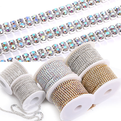 Cross-border new colorful double-row claw chain DIY accessories, diamond chains, gold and silver base, full roll diamond-mounted DIY clothing accessories