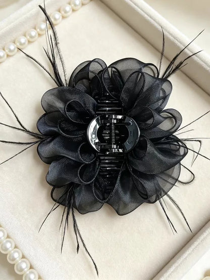 2026 New French Gentle Style Black Feather Organza Floral Claw Clip Elegant Shark Clamp High-End Headwear