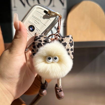 Wholesale Cute Leopard Print Bow Imitation Otter Rabbit Small Briquette Car Keychain Pendant Plush Pomball School Bag Charm