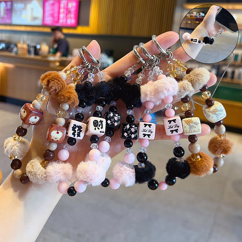 Handmade DIY Fur Ball Beaded Mobile Phone Chain Pendant Creative Car Bag Keychain Phone Case Accessories Charm