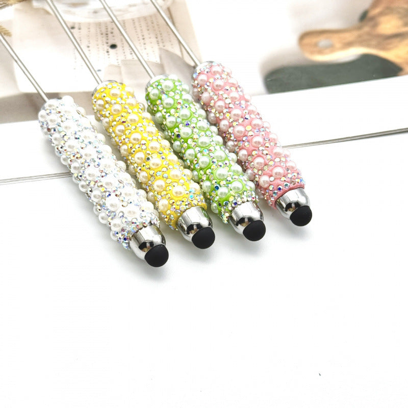 New pearl full diamond touch screen pen diy pearl capacitive touch ballpoint pen puzzle piercable bead cute pen wholesale