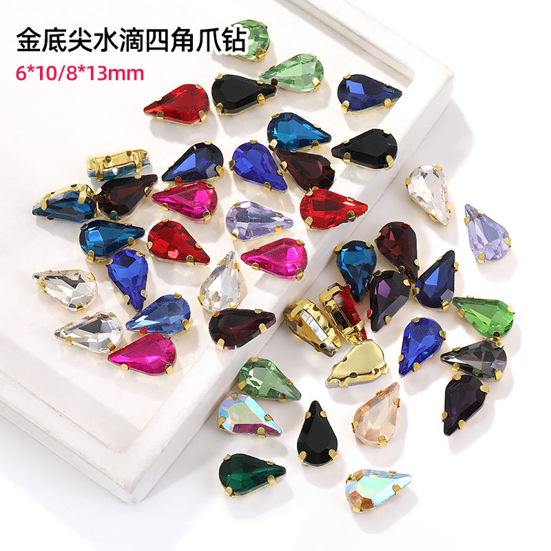 Gold-soled pointed waterdrop glass claw drill, standard cut shoe decorations, wedding dress accessories, crystal accessories, hand-stitched rhinestones with holes