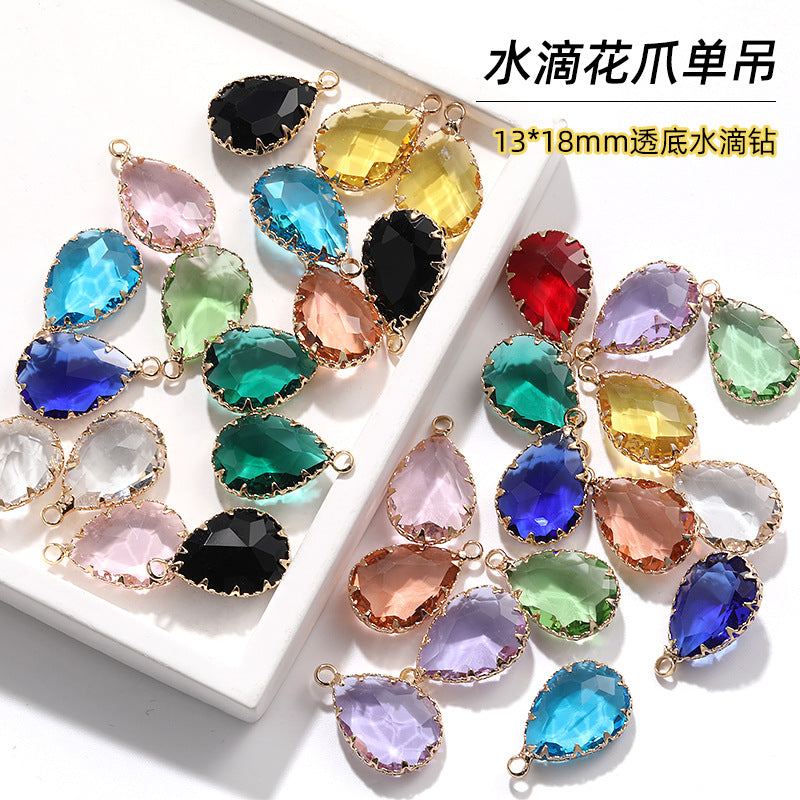 13*18 Transparent Base Waterdrop Glass Diamond Copper Gold Border Flower Claw Single Hanging Diamond Necklace Pendant Clothing DIY Accessory