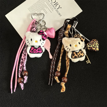 Creative cartoon plush leopard print love cat lanyard bag keychain pendant student school bag keychain pendant