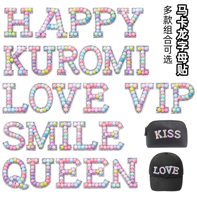 Macaron letter stickers, 26-letter English DIY accessories, clothing accessories, faux pearl and rhinestone appliqué set