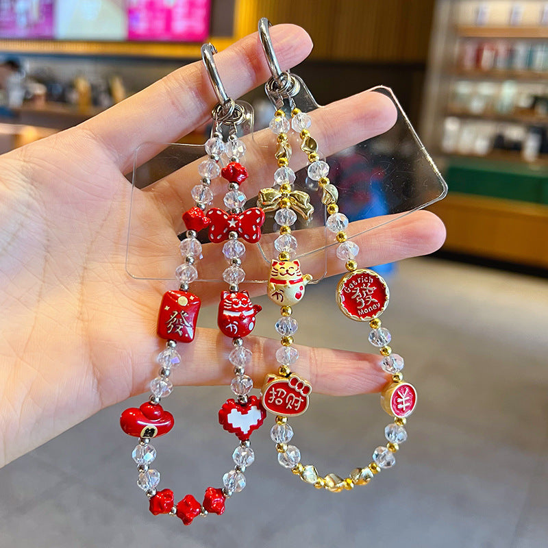 Handmade DIY New Year's Metal Beckoning Cat Beaded Mobile Phone Chain Pendant New Year Bag Keychain Charm Accessories