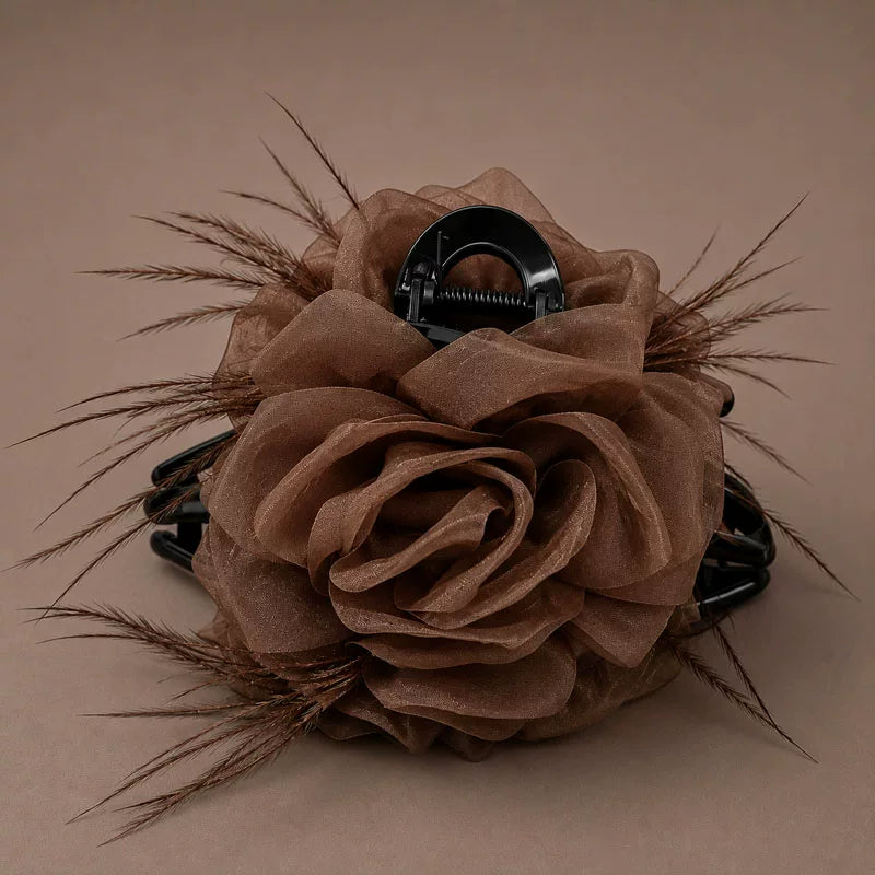 Coffee mesh claw clip for women, sophisticated rose feather hair clip, new style back hair updo, shark clip head floral style