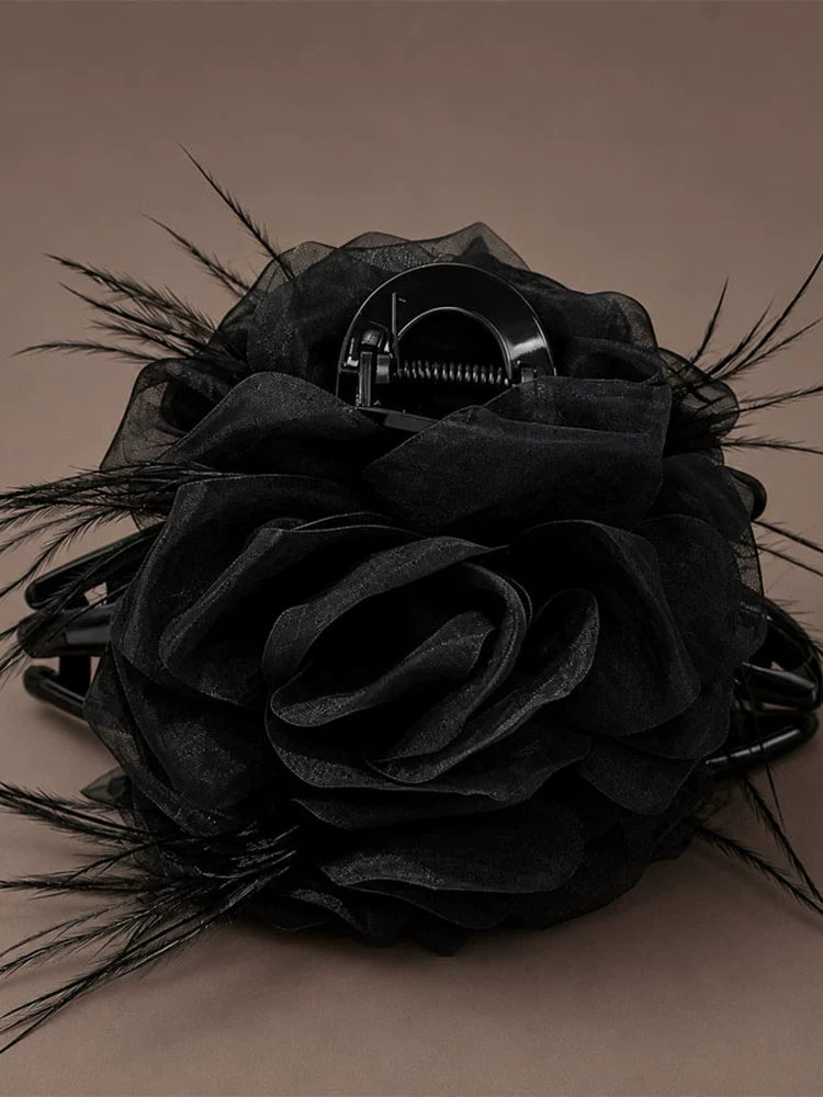 Coffee mesh claw clip for women, sophisticated rose feather hair clip, new style back hair updo, shark clip head floral style