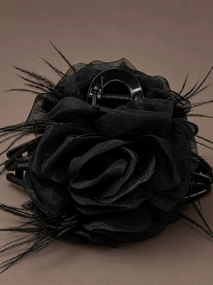Coffee mesh claw clip for women, sophisticated rose feather hair clip, new style back hair updo, shark clip head floral style