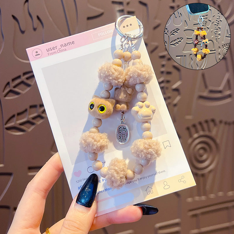 Original handmade DIY flocked cat beaded mobile phone chain keychain bag small pendant mobile phone case charm accessories