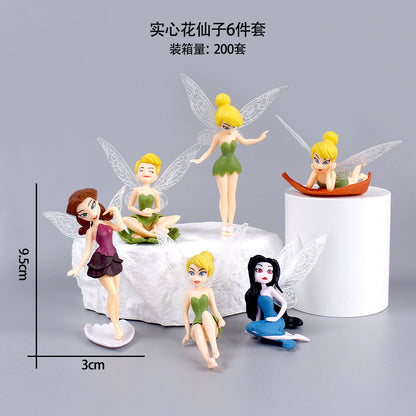 Solid Flower Fairy 6pcs Cake Decoration Scene Ornament with Wings Colourful Little Fairy with Base