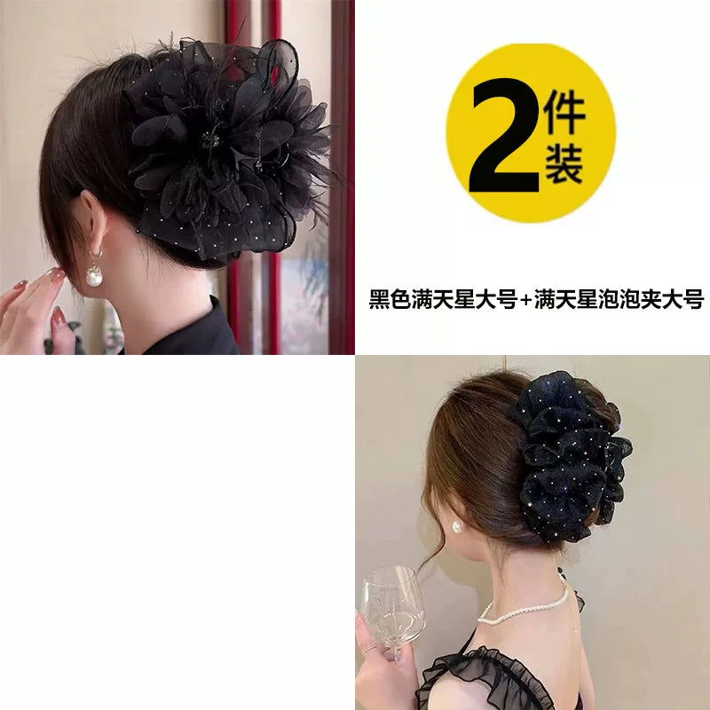 Korean high-end mesh bow claw clip for women, sophisticated and fashionable new back hair updo clip, shark clip
