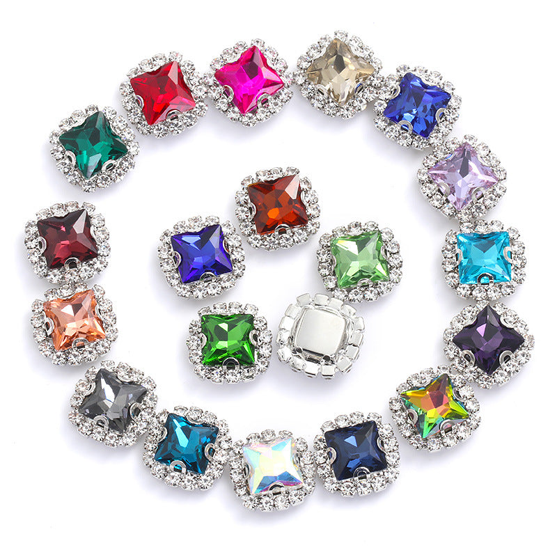 Square crystal buckle edge claw chain, manual perforation, hand-sewn drill bit, clothing accessories, square crystal buckle