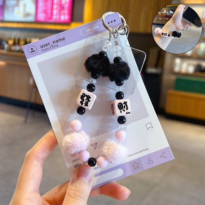 Handmade DIY Fur Ball Beaded Mobile Phone Chain Pendant Creative Car Bag Keychain Phone Case Accessories Charm
