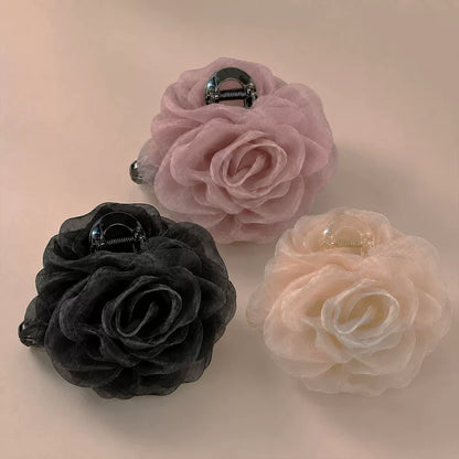 Large black mesh rose feather claw clip for women, sophisticated back hair clip, shark clip, fixed clip