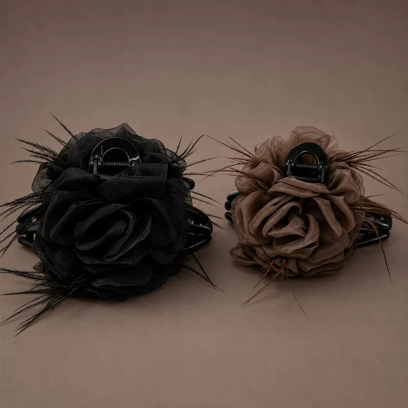 Coffee mesh claw clip for women, sophisticated rose feather hair clip, new style back hair updo, shark clip head floral style