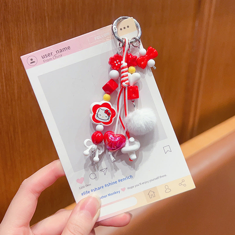 Handmade DIY Furball Beaded Mobile Phone Chain Pendant Cute ins Car Keychain Bag Doll Charm Accessories