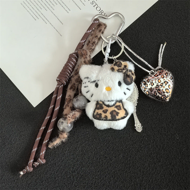 Creative cartoon plush leopard print love cat lanyard bag keychain pendant student school bag keychain pendant