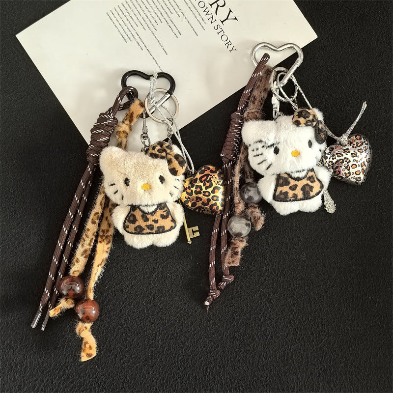 Creative cartoon plush leopard print love cat lanyard bag keychain pendant student school bag keychain pendant