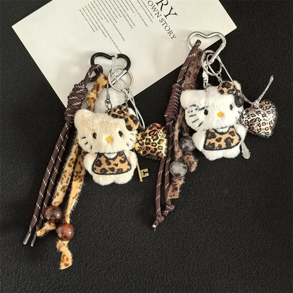 Creative cartoon plush leopard print love cat lanyard bag keychain pendant student school bag keychain pendant